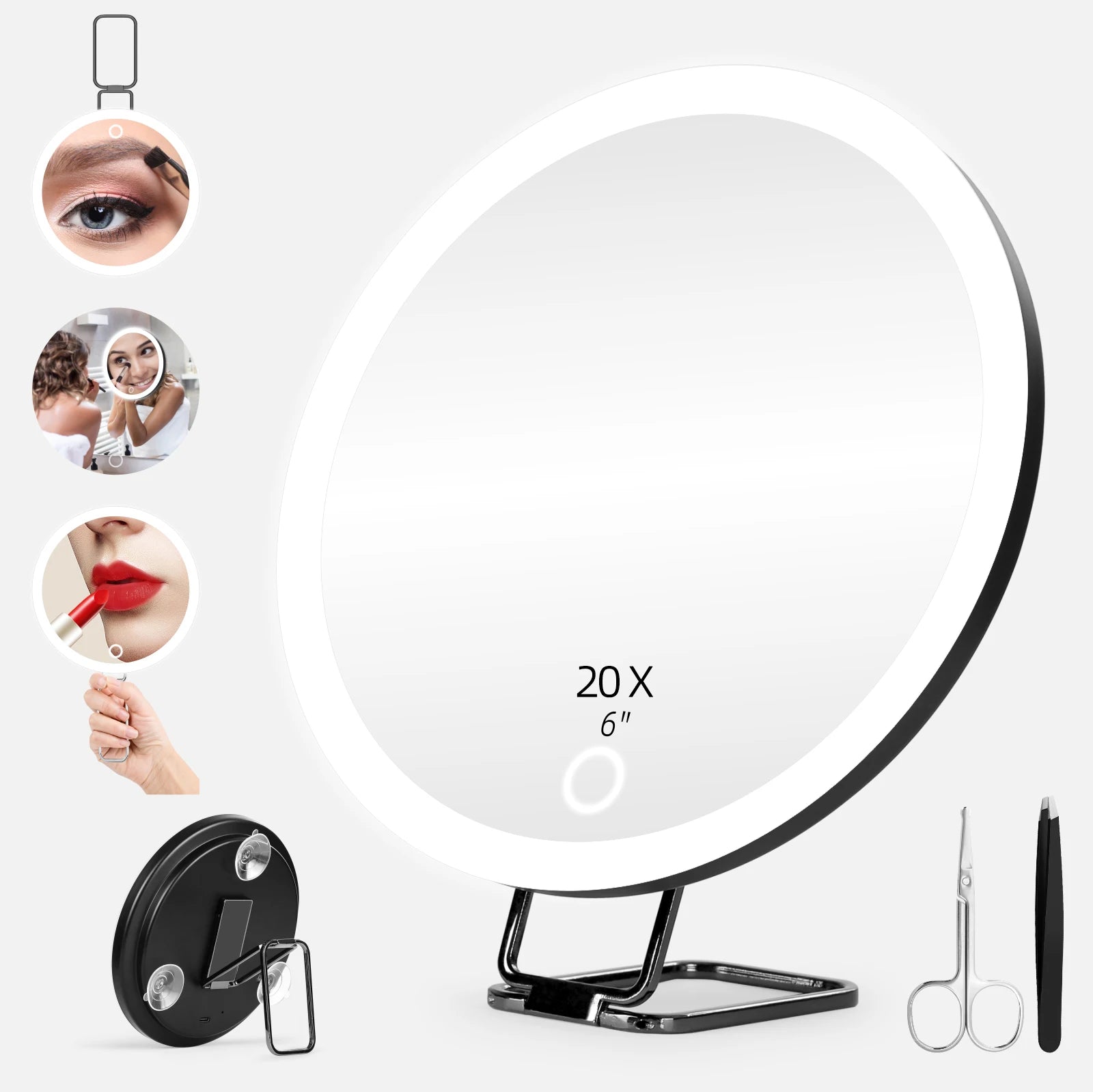 LED Vanity Mirror 6" Travel Size with 5x to 30x magnifying